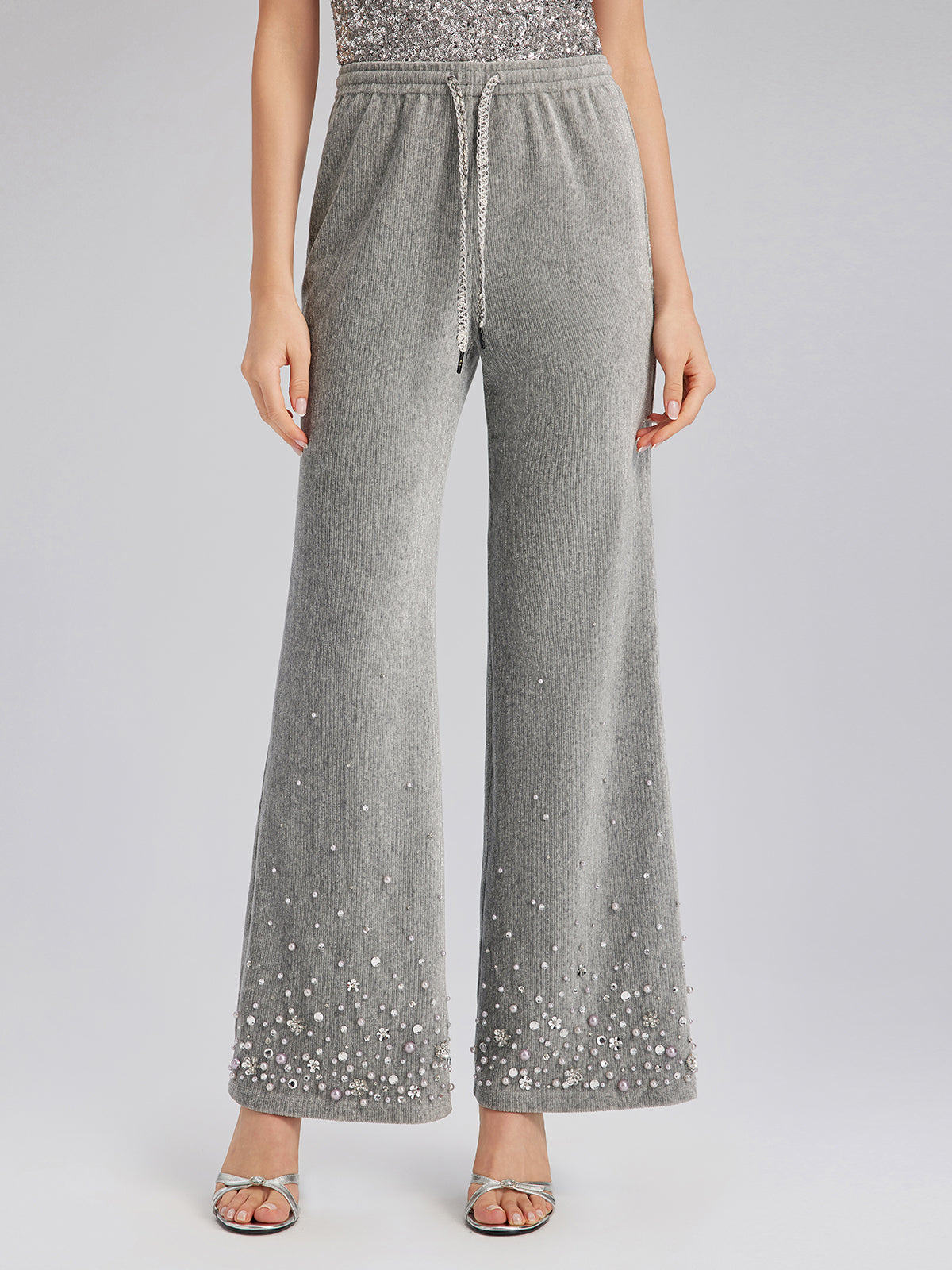 Chenille Ribbed Beaded Straight-Leg Pants