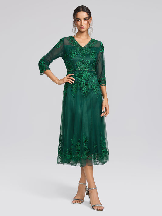 Floral Leaf Vine Embroidery Tulle Dress