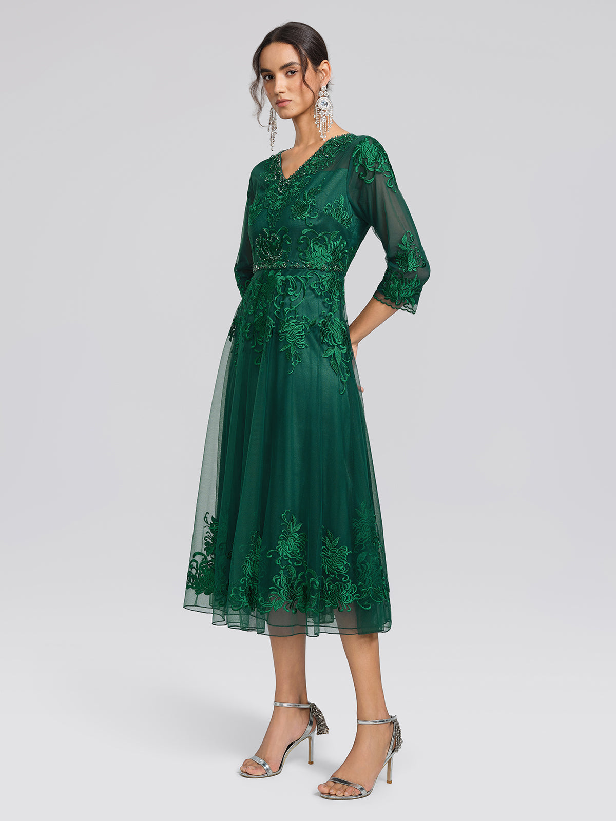 Floral Leaf Vine Embroidery Tulle Dress
