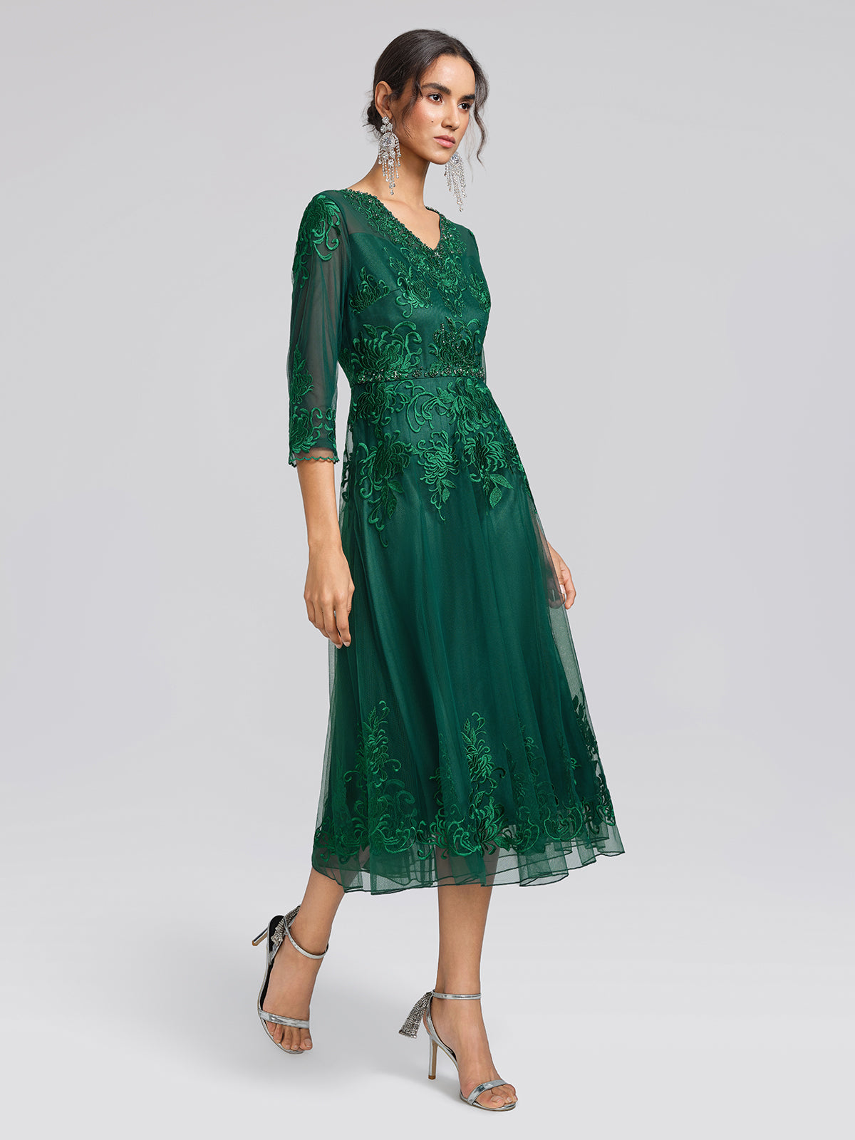 Floral Leaf Vine Embroidery Tulle Dress