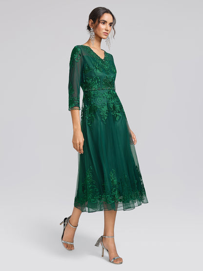 Floral Leaf Vine Embroidery Tulle Dress