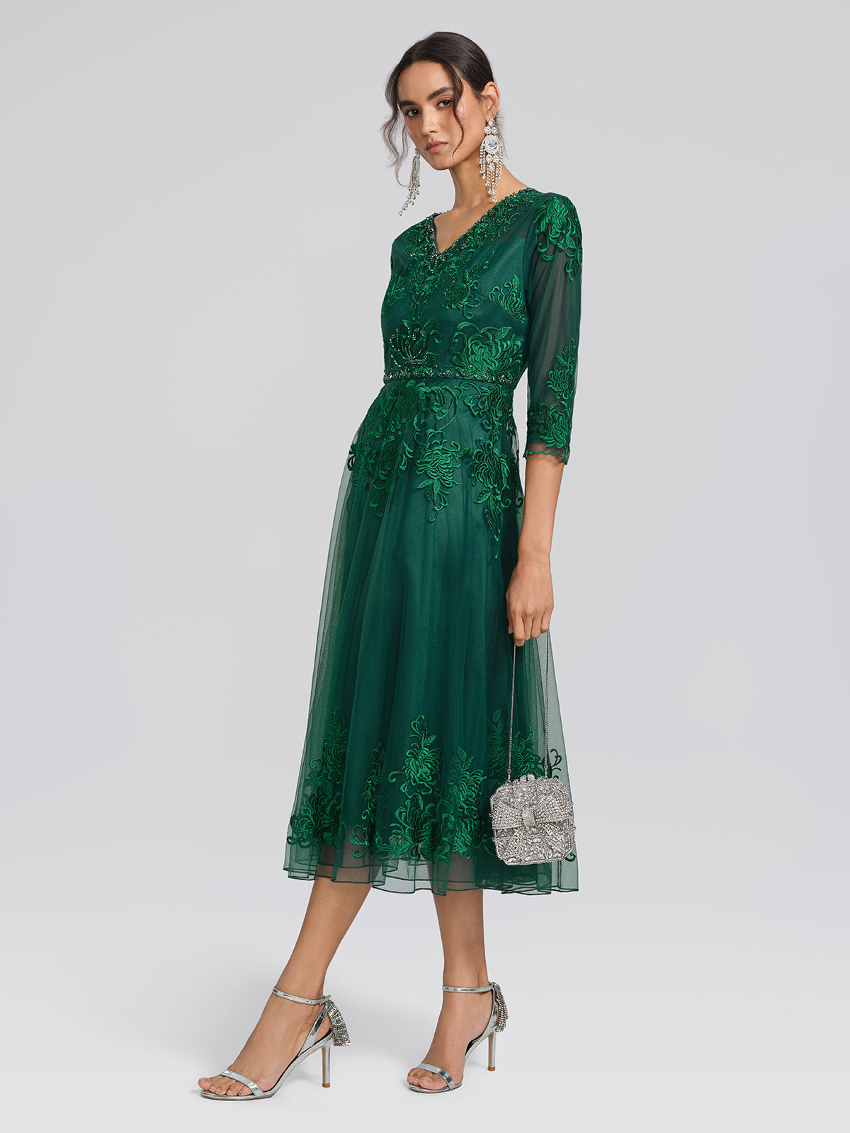 Floral Leaf Vine Embroidery Tulle Dress