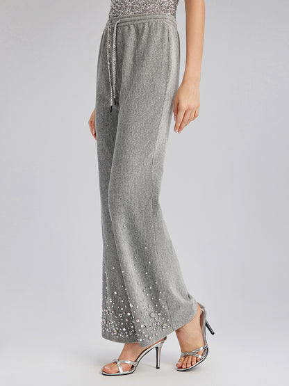 Chenille Ribbed Beaded Straight-Leg Pants