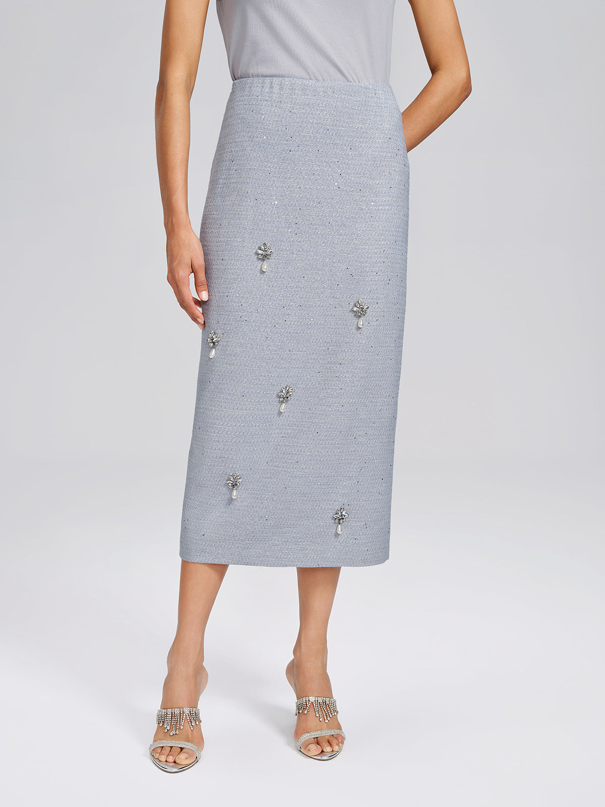 Textured Tweed Beaded Straight Skirt