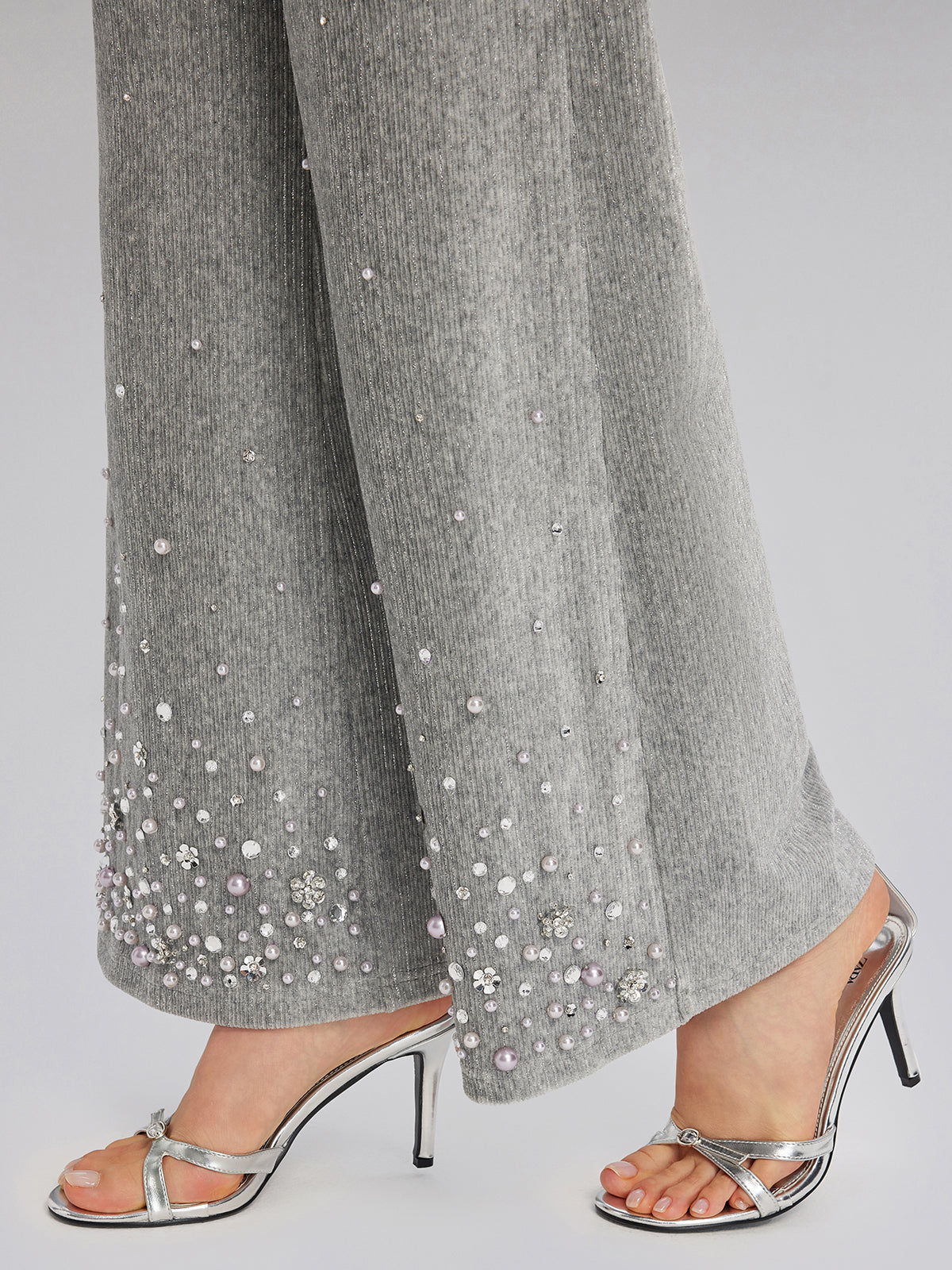 Chenille Ribbed Beaded Straight-Leg Pants