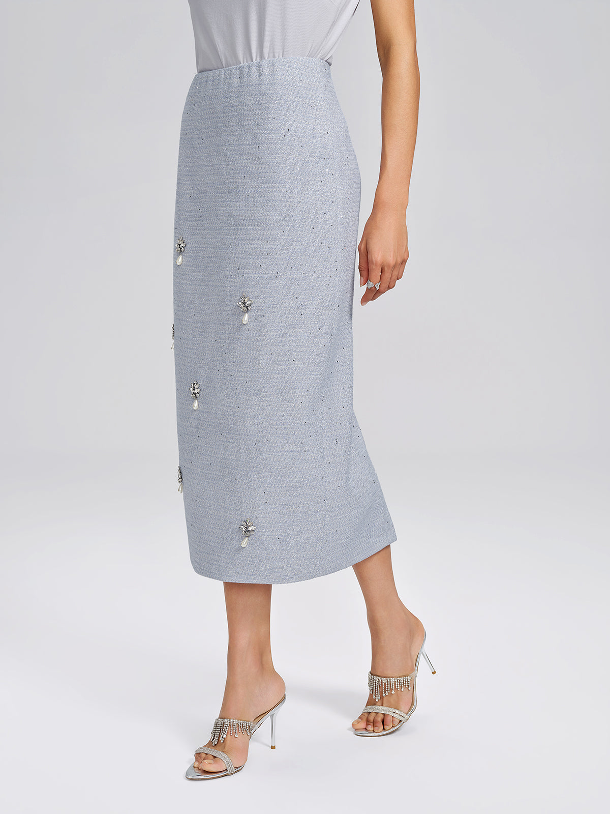 Textured Tweed Beaded Straight Skirt
