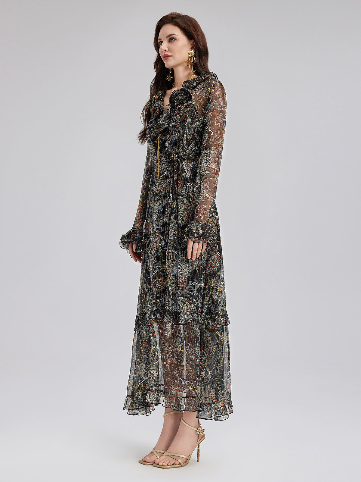 Final Sale | Cashew Flower Ruffle V-Neck Silk Dress