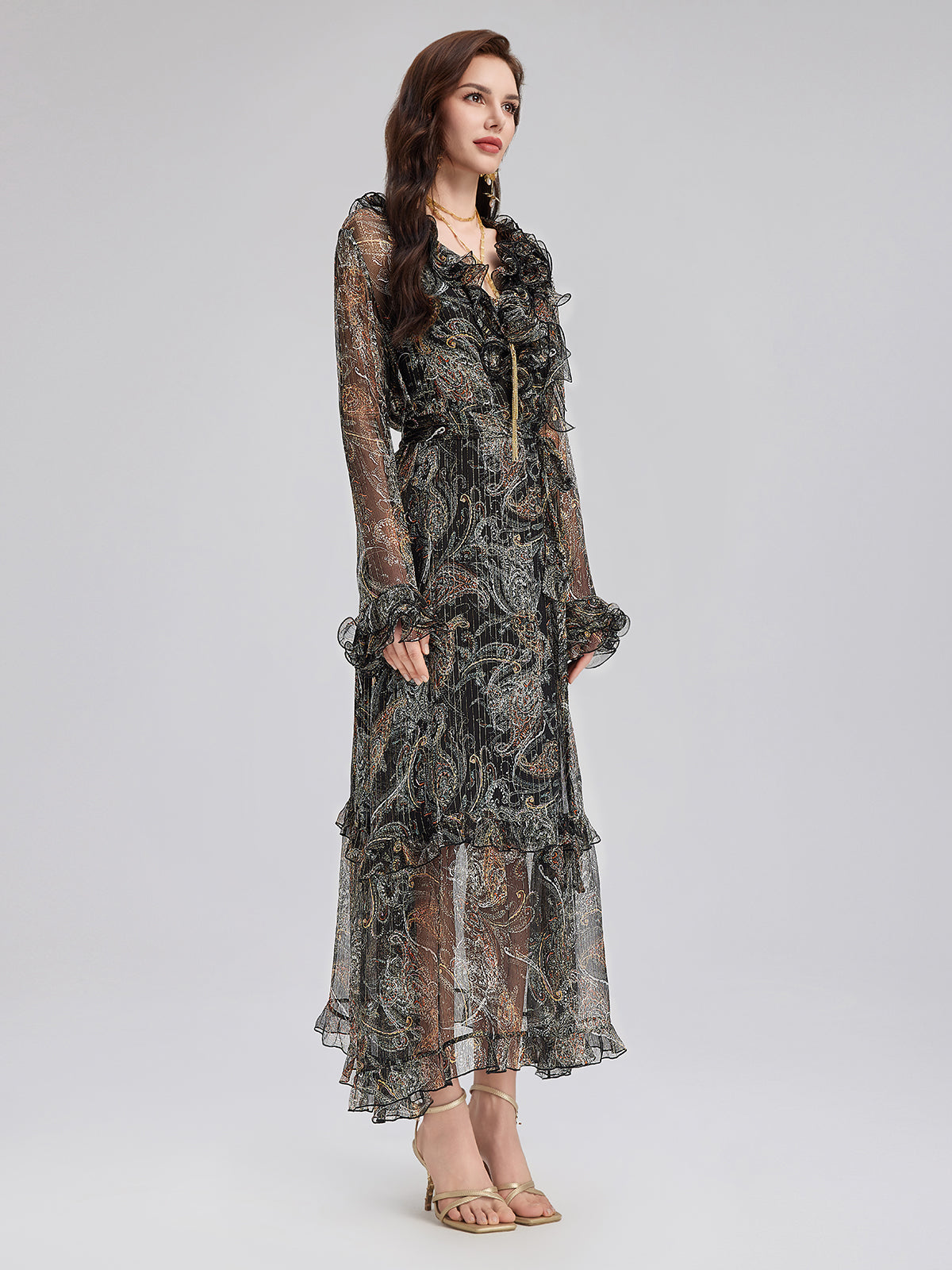 Final Sale | Cashew Flower Ruffle V-Neck Silk Dress