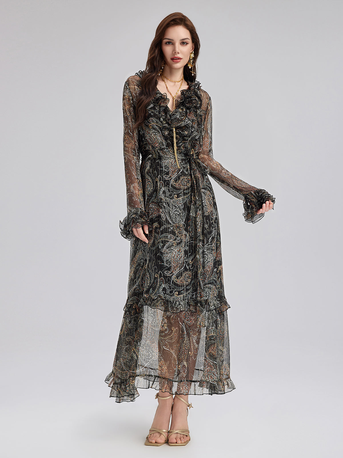 Final Sale | Cashew Flower Ruffle V-Neck Silk Dress