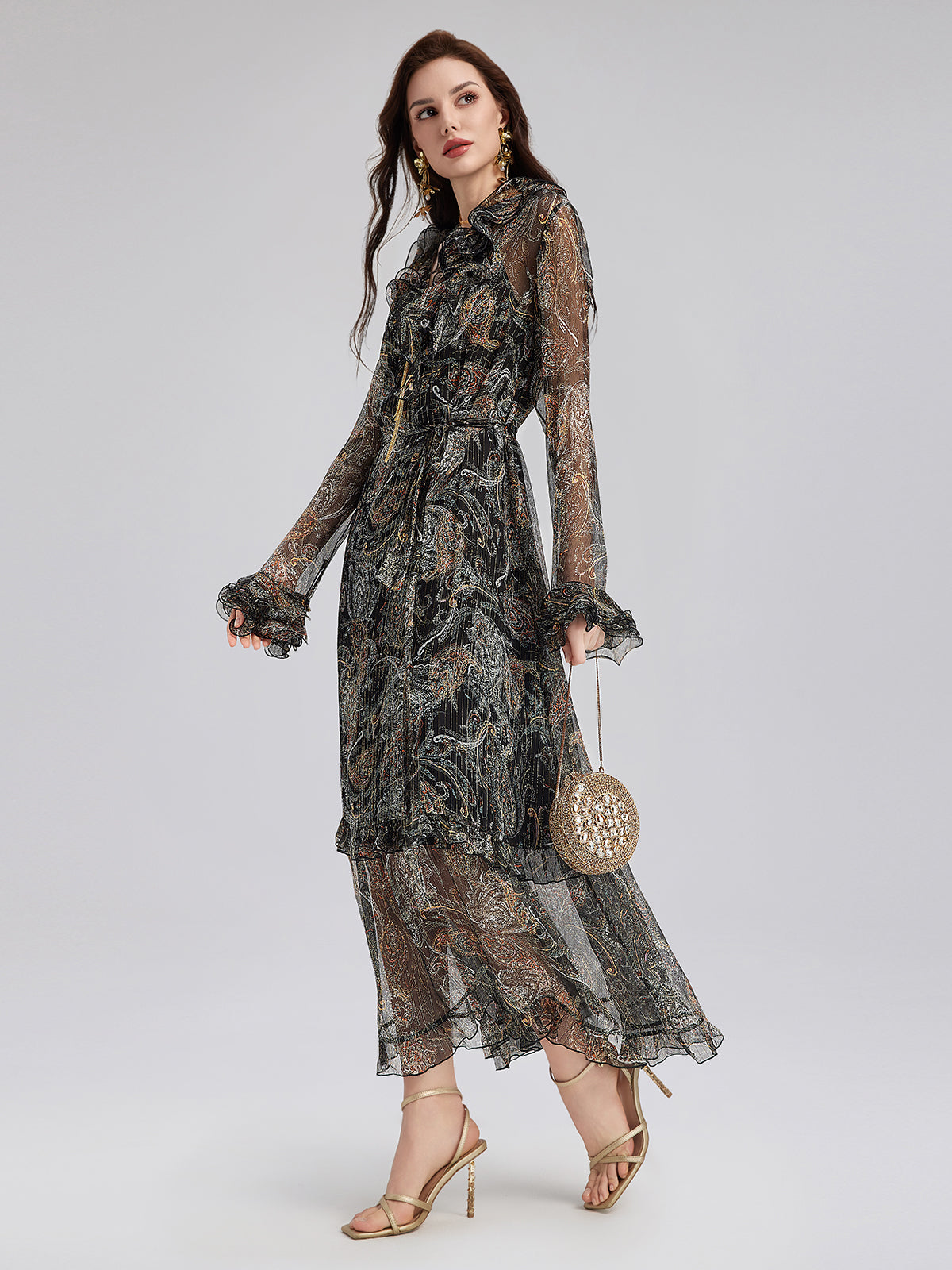 Final Sale | Cashew Flower Ruffle V-Neck Silk Dress