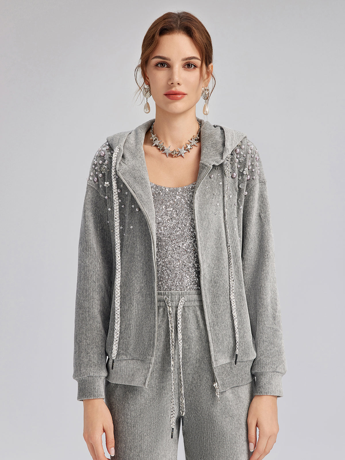 Chenille Ribbed Beaded Hooded Zip Jacket