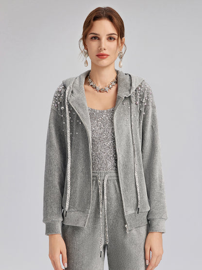 Chenille Ribbed Beaded Hooded Zip Jacket