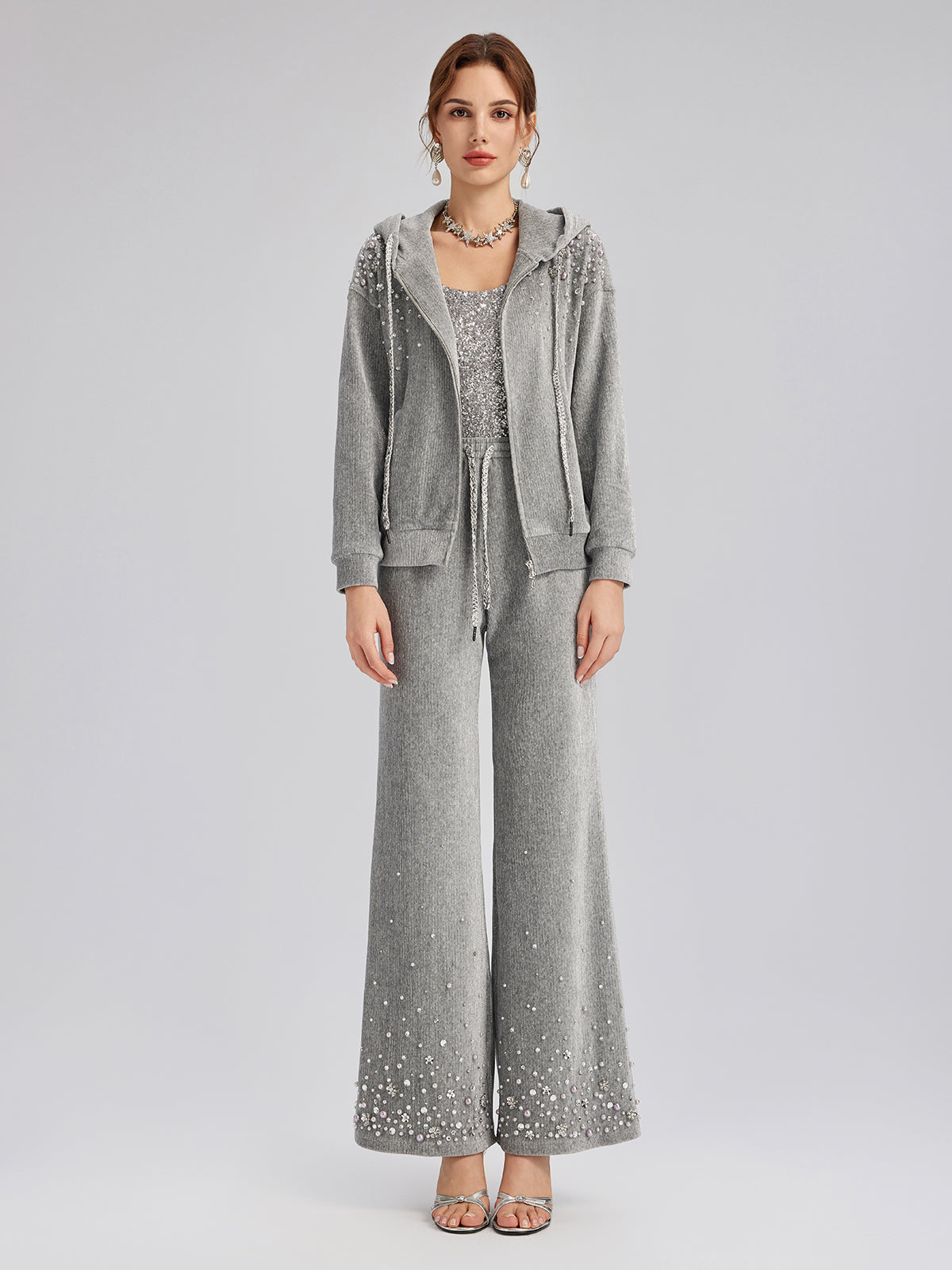 Chenille Ribbed Beaded Straight-Leg Pants