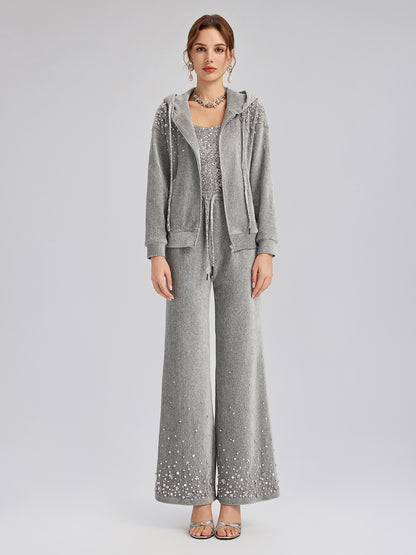 Chenille Ribbed Beaded Straight-Leg Pants