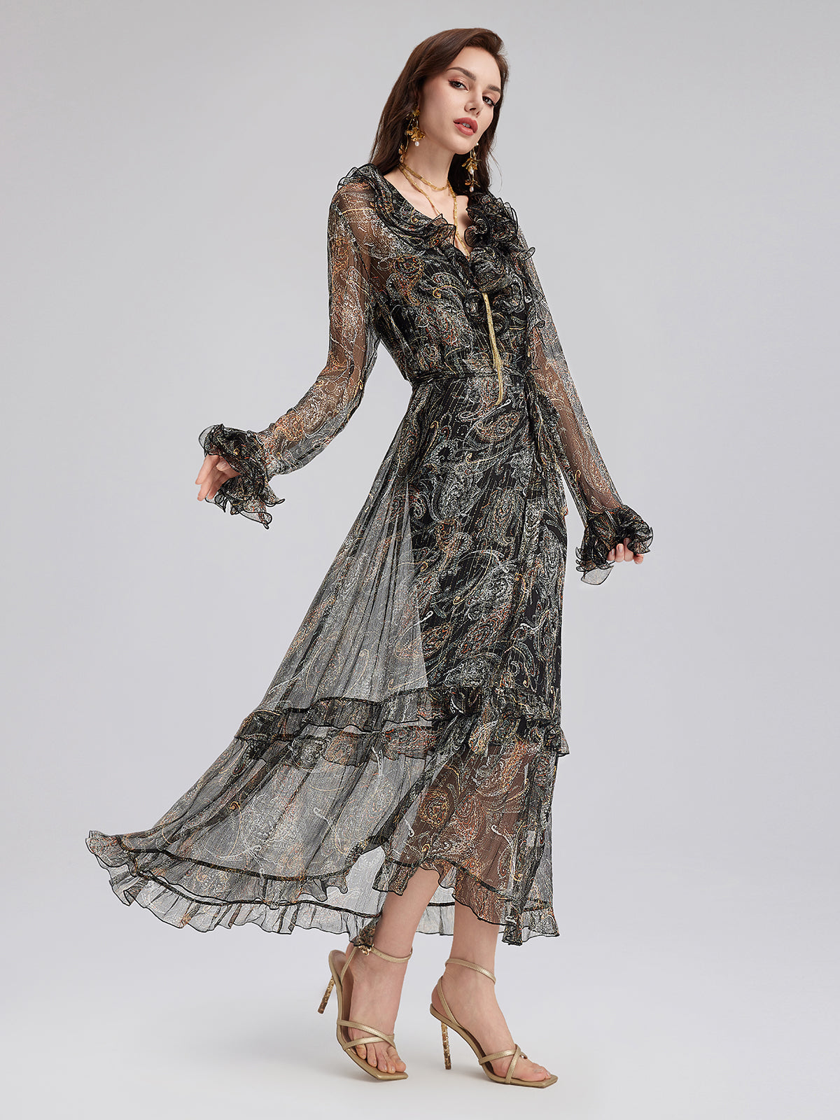 Final Sale | Cashew Flower Ruffle V-Neck Silk Dress