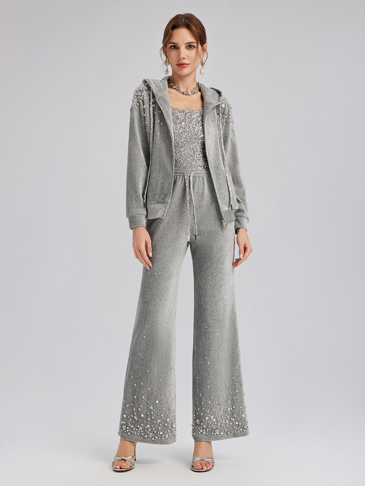 Chenille Ribbed Beaded Straight-Leg Pants