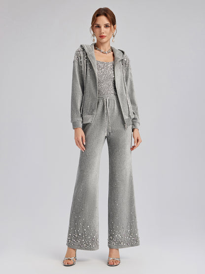 Chenille Ribbed Beaded Straight-Leg Pants