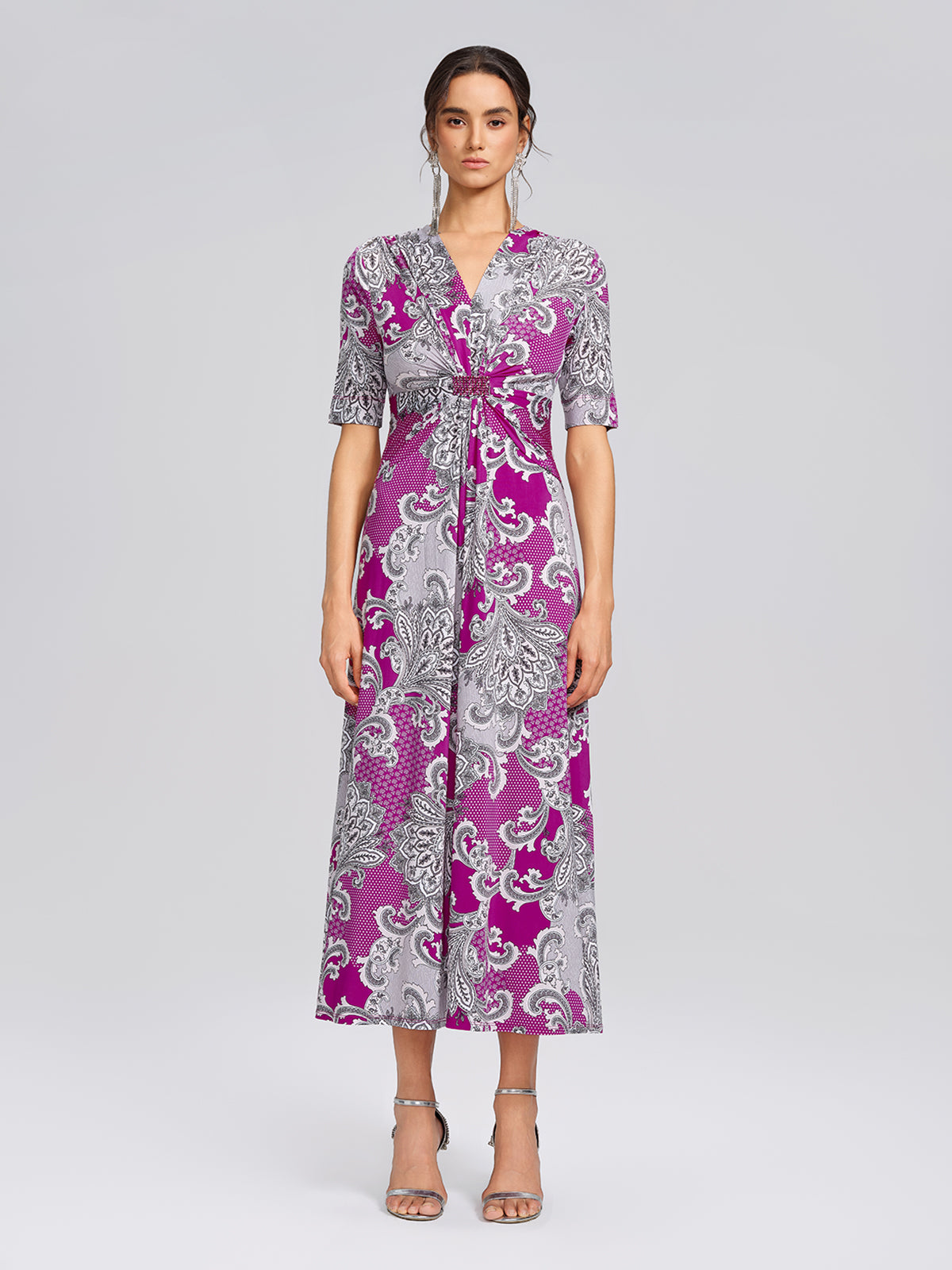 Paisley Print Twist Waist V-Neck Dress