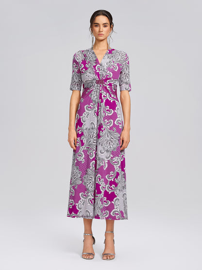 Paisley Print Twist Waist V-Neck Dress
