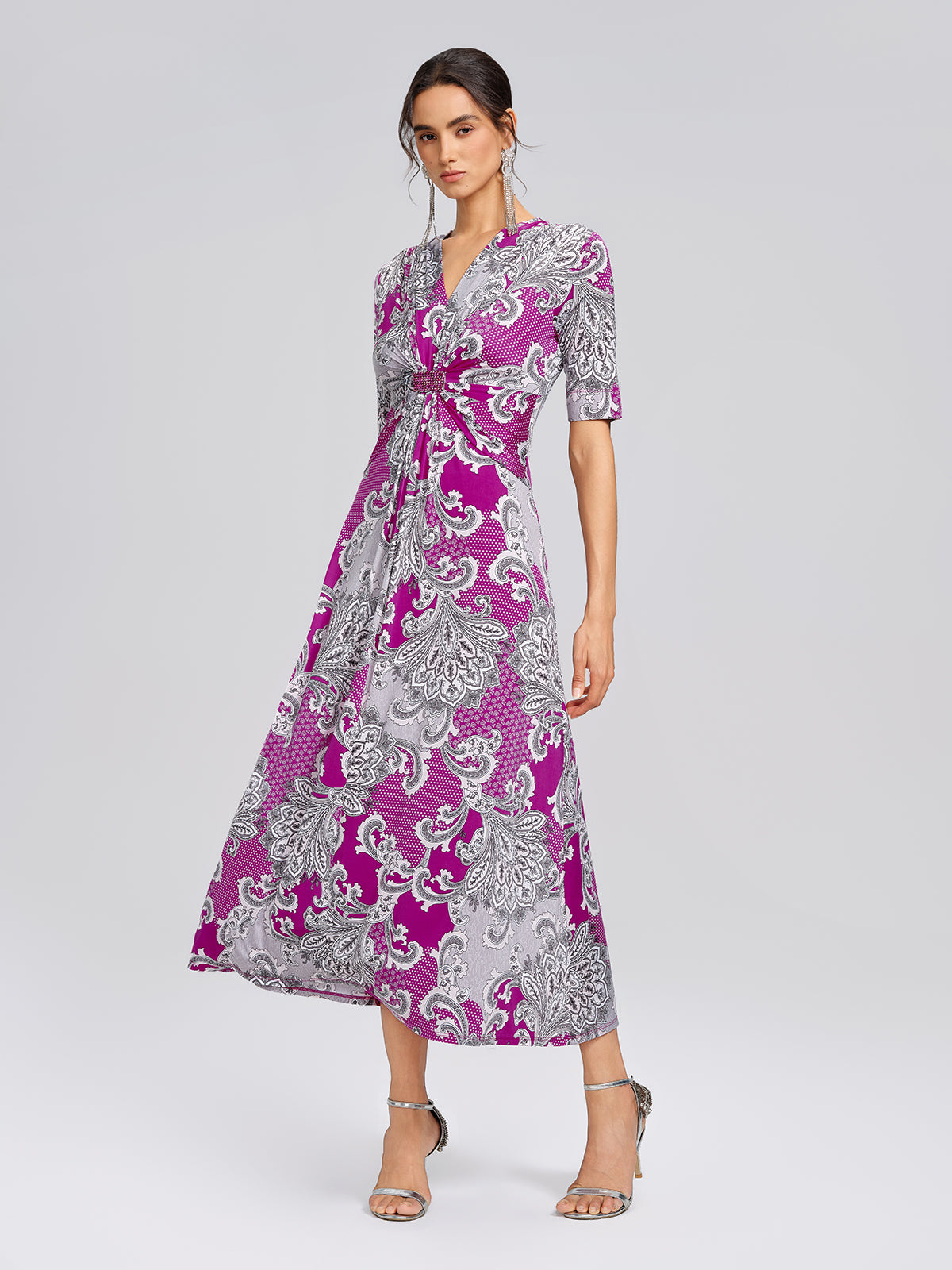 Paisley Print Twist Waist V-Neck Dress