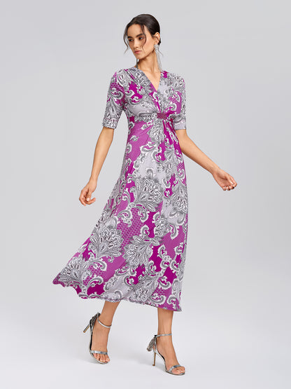 Paisley Print Twist Waist V-Neck Dress