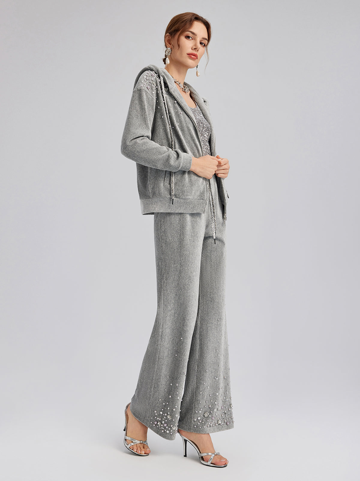 Chenille Ribbed Beaded Straight-Leg Pants
