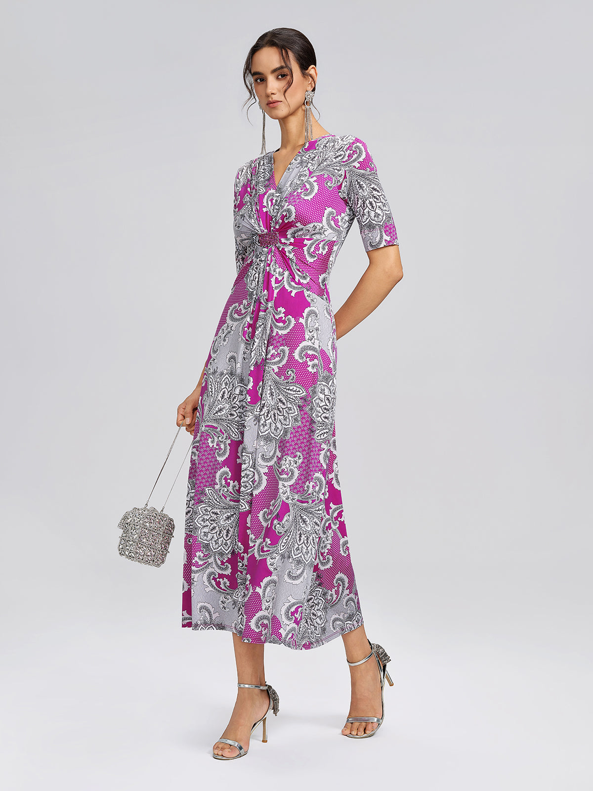 Paisley Print Twist Waist V-Neck Dress