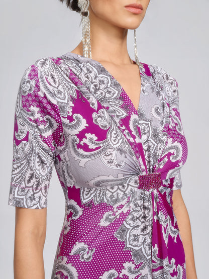 Paisley Print Twist Waist V-Neck Dress