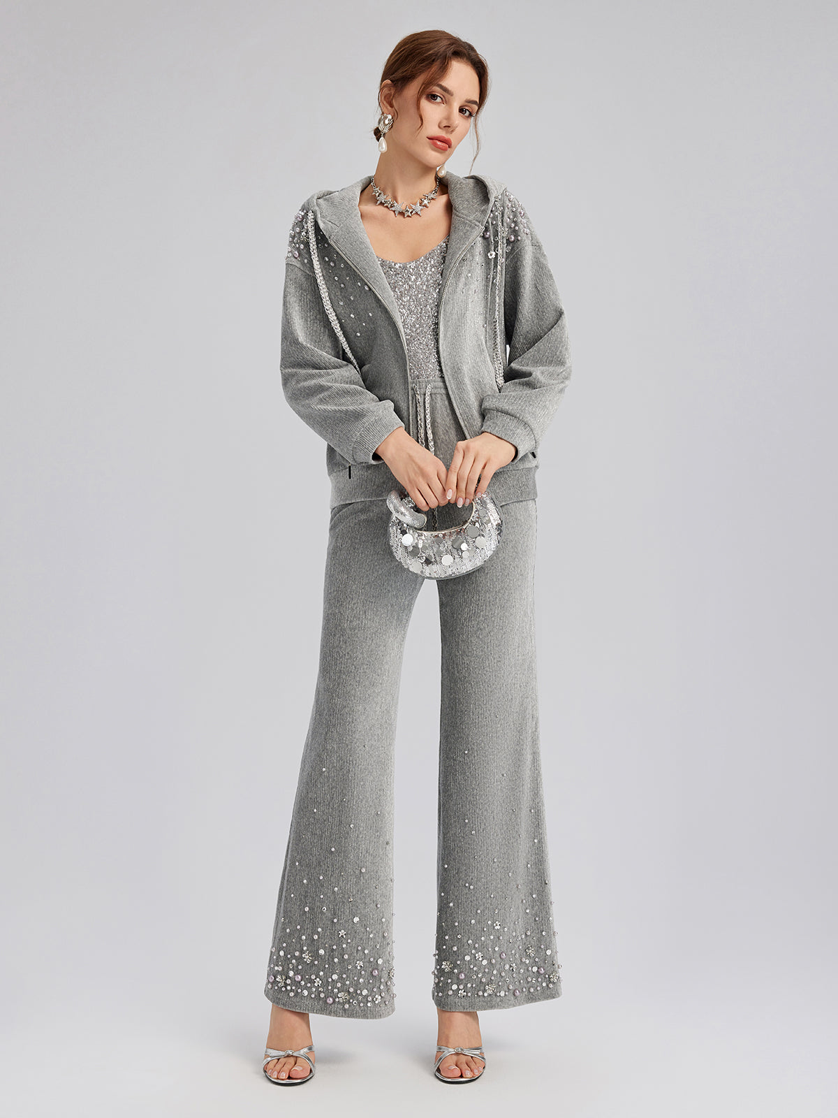 Chenille Ribbed Beaded Straight-Leg Pants