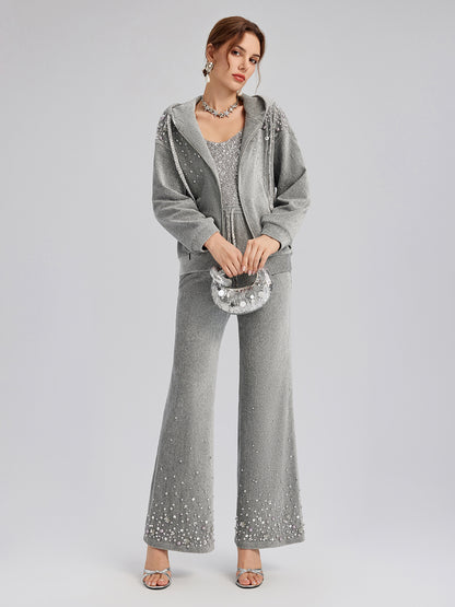 Chenille Ribbed Beaded Straight-Leg Pants