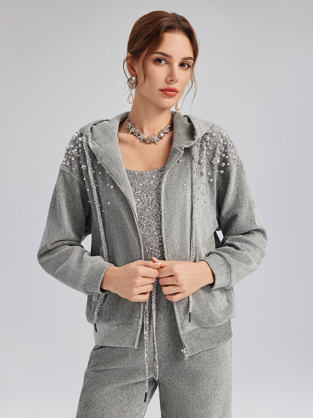 Chenille Ribbed Beaded Hooded Zip Jacket