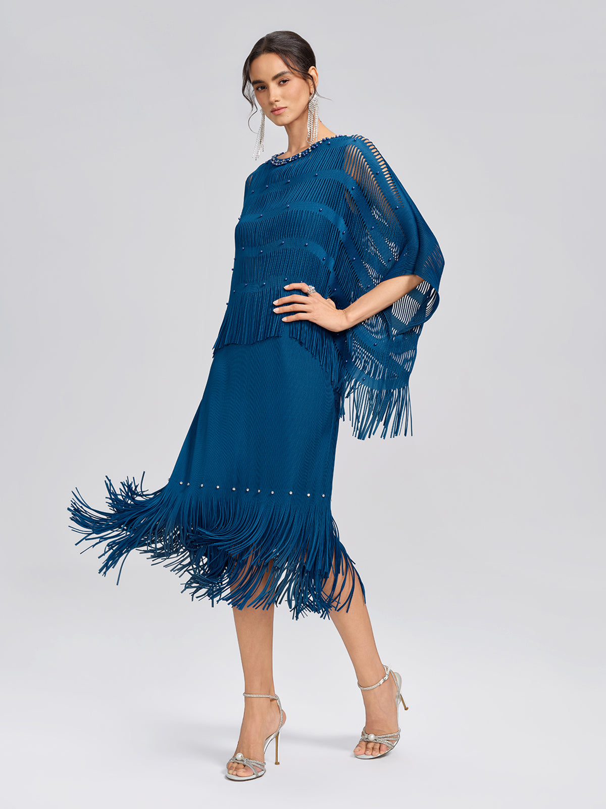 Hand-Beaded Openwork Burnout Cape Dress Set