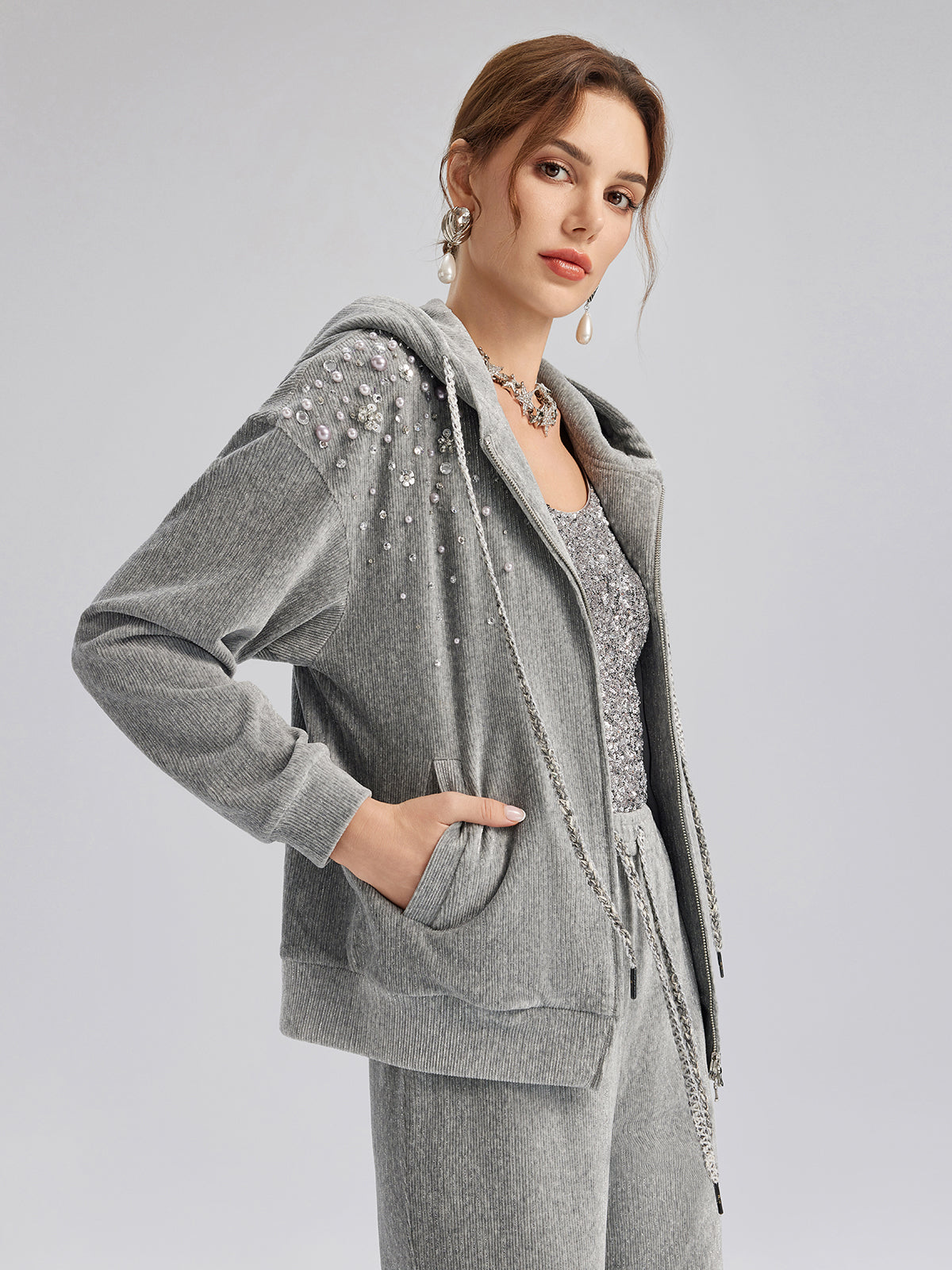 Chenille Ribbed Beaded Hooded Zip Jacket