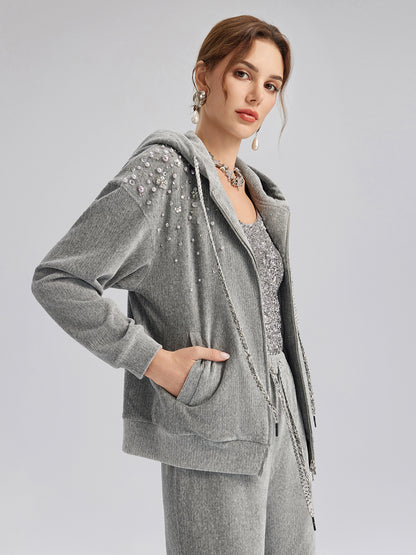 Chenille Ribbed Beaded Hooded Zip Jacket