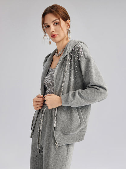 Chenille Ribbed Beaded Hooded Zip Jacket