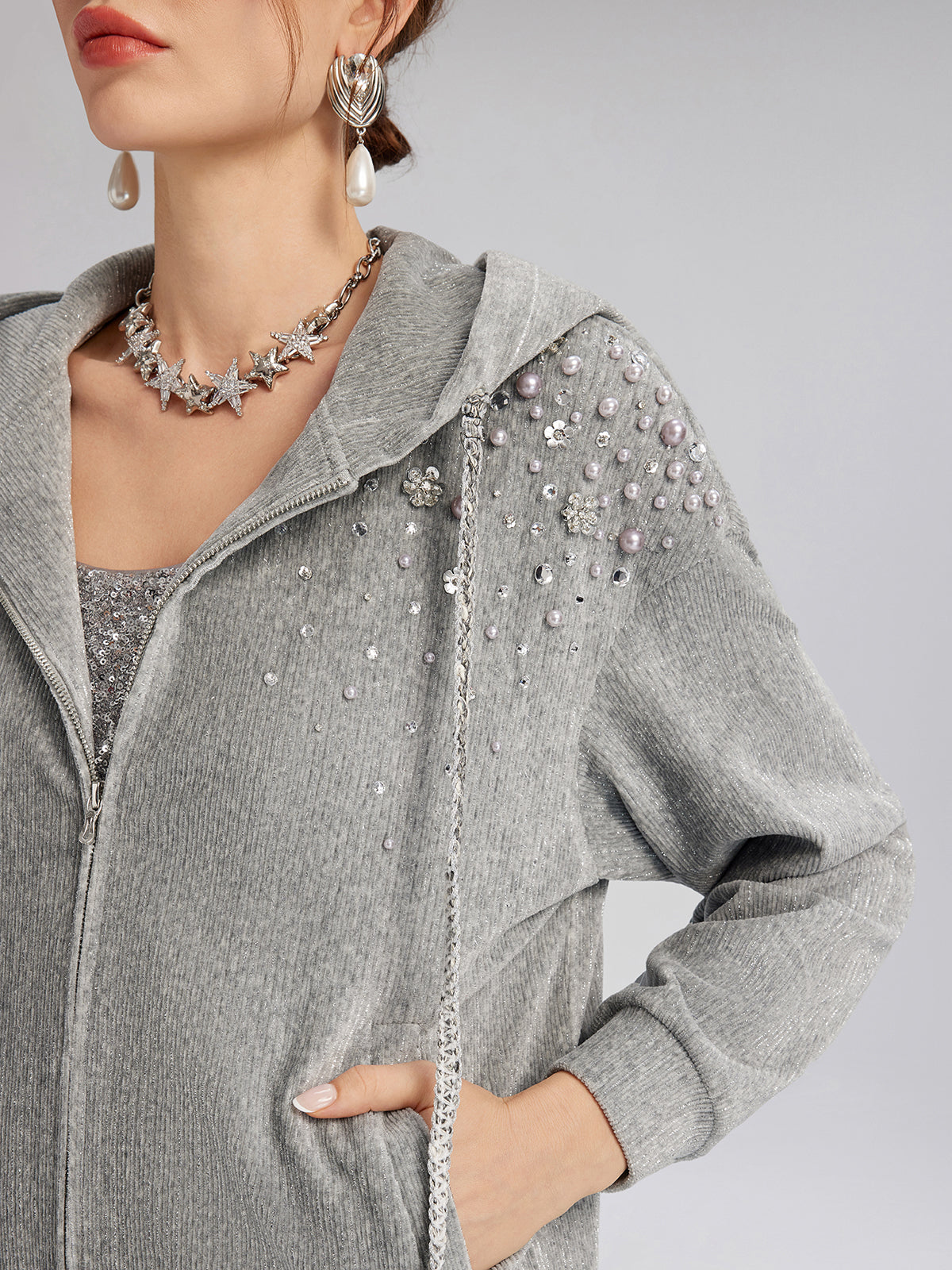 Chenille Ribbed Beaded Hooded Zip Jacket