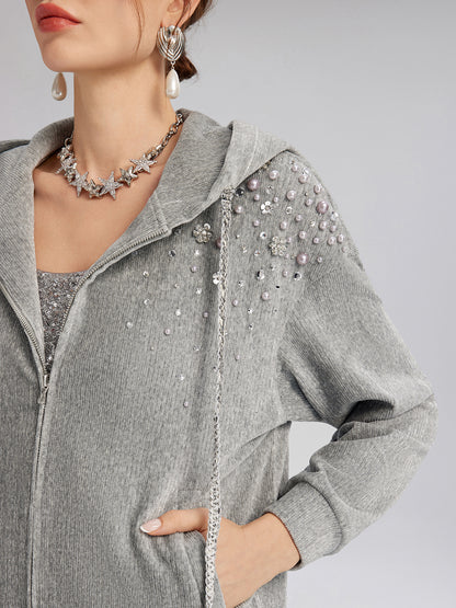 Chenille Ribbed Beaded Hooded Zip Jacket
