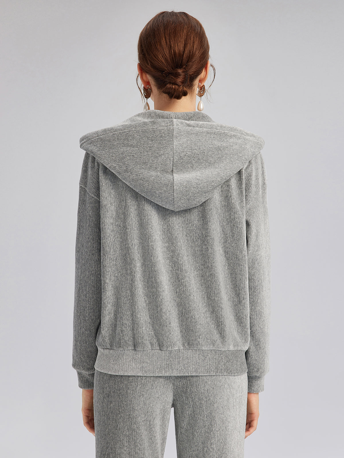 Chenille Ribbed Beaded Hooded Zip Jacket