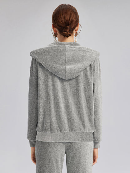 Chenille Ribbed Beaded Hooded Zip Jacket