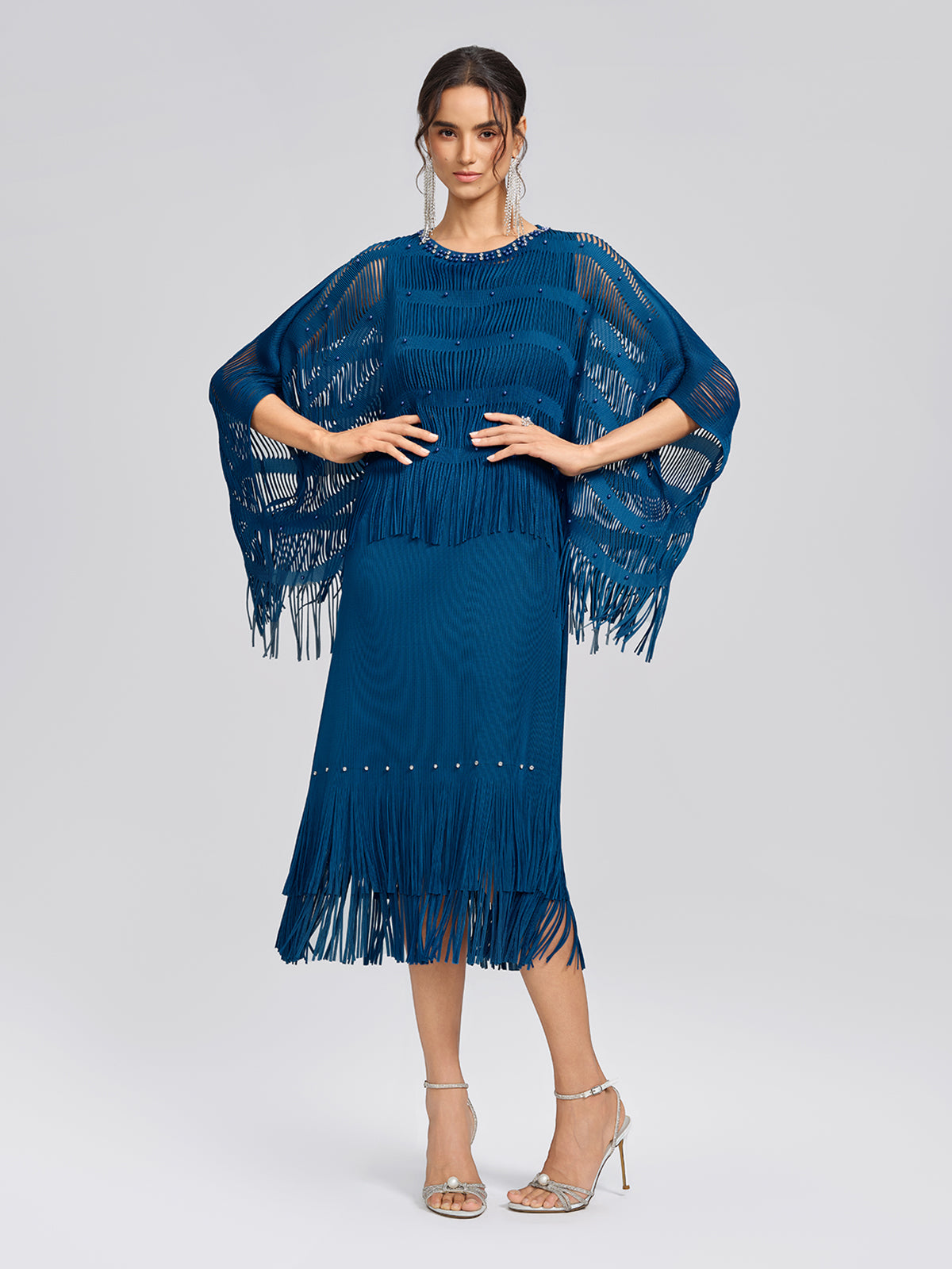 Hand-Beaded Openwork Burnout Cape Dress Set