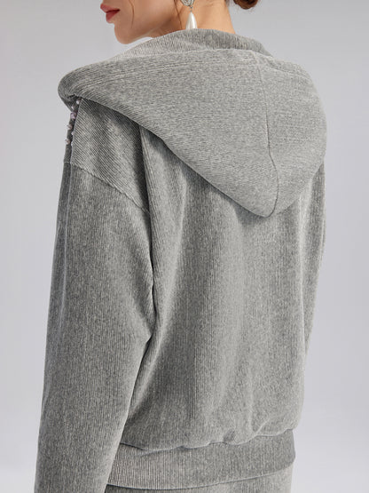 Chenille Ribbed Beaded Hooded Zip Jacket