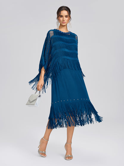 Hand-Beaded Openwork Burnout Cape Dress Set