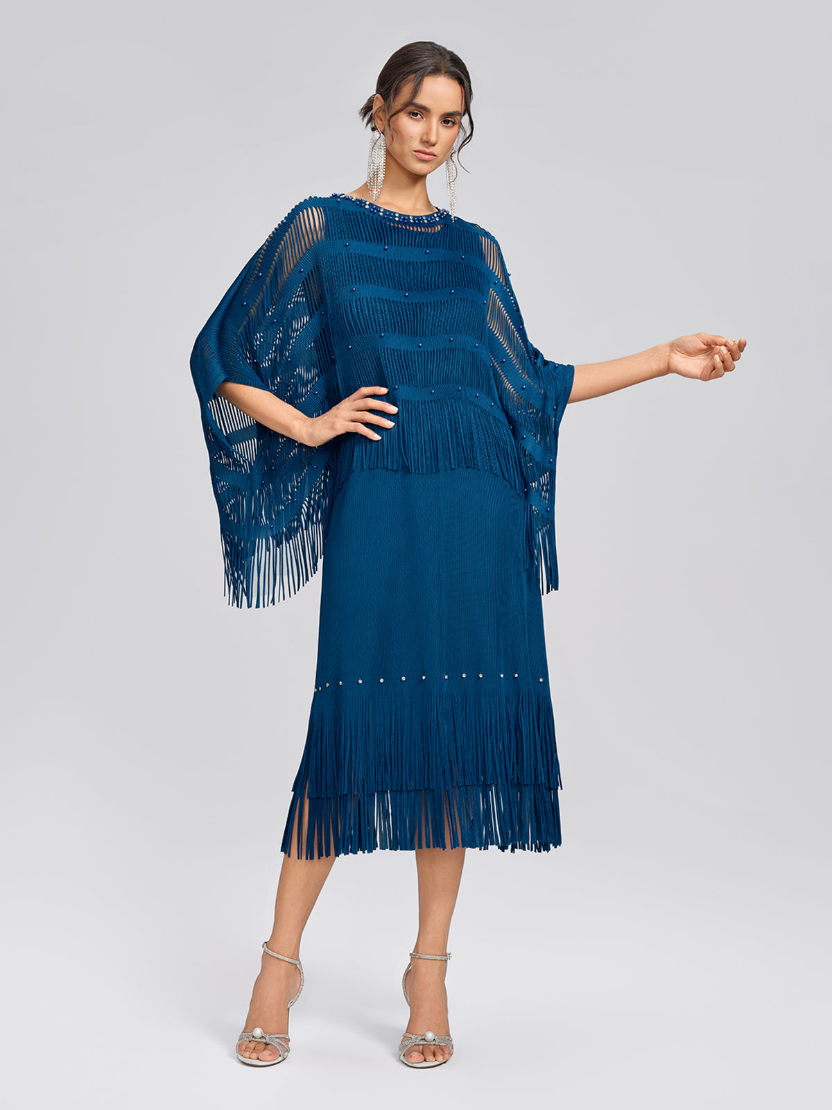 Hand-Beaded Openwork Burnout Cape Dress Set