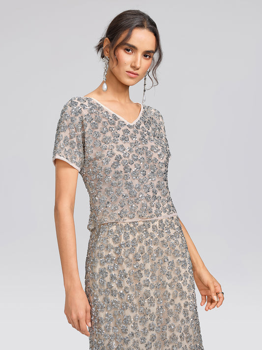 Hand Embellished Sequin V-neck Mesh Top