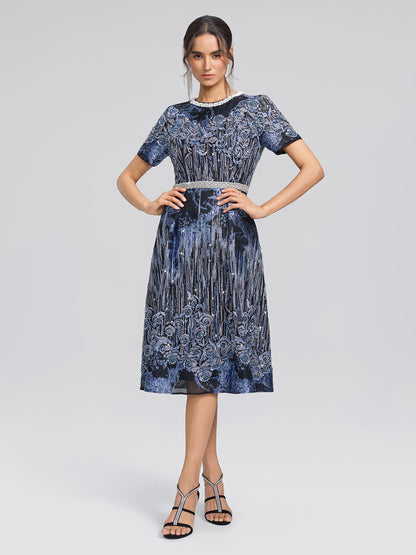Jacquard Rose Embroidery Beaded Dress