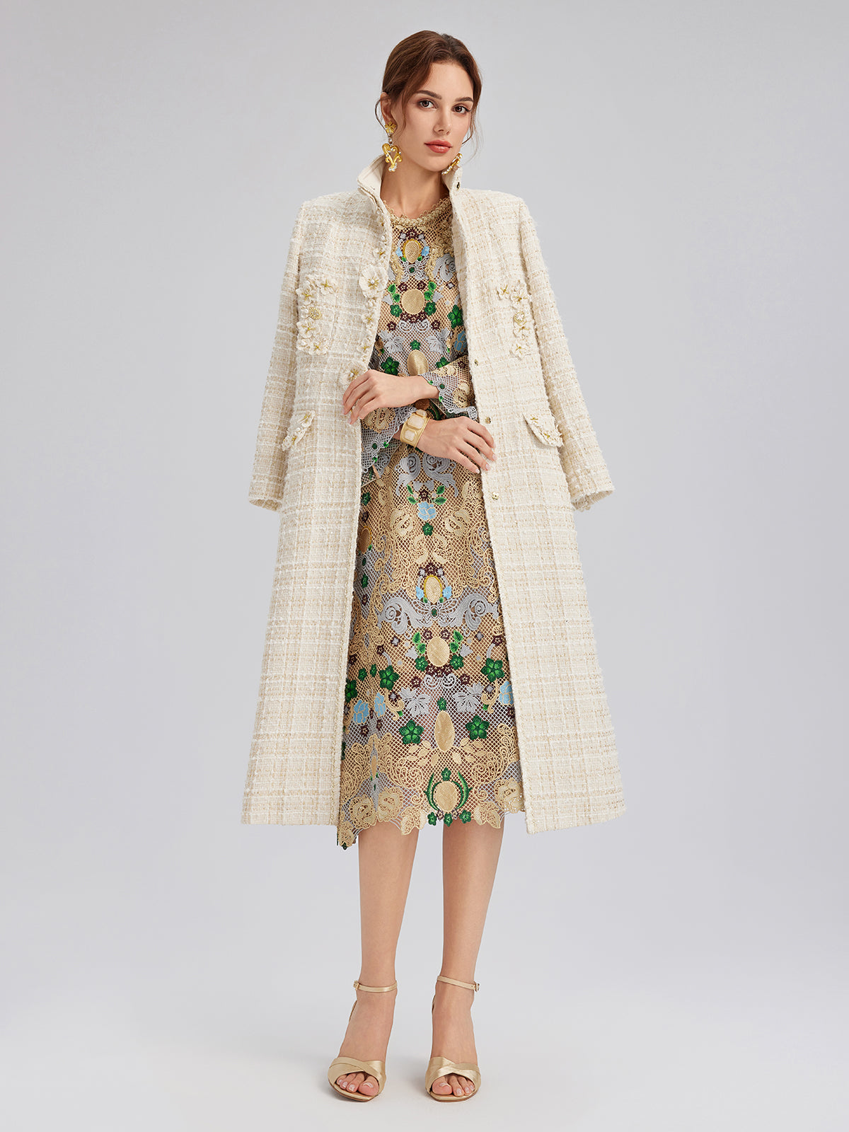 Two-Tone Check Tweed Hand-Beaded Floral Coat