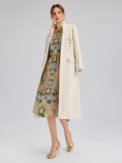 Two-Tone Check Tweed Hand-Beaded Floral Coat
