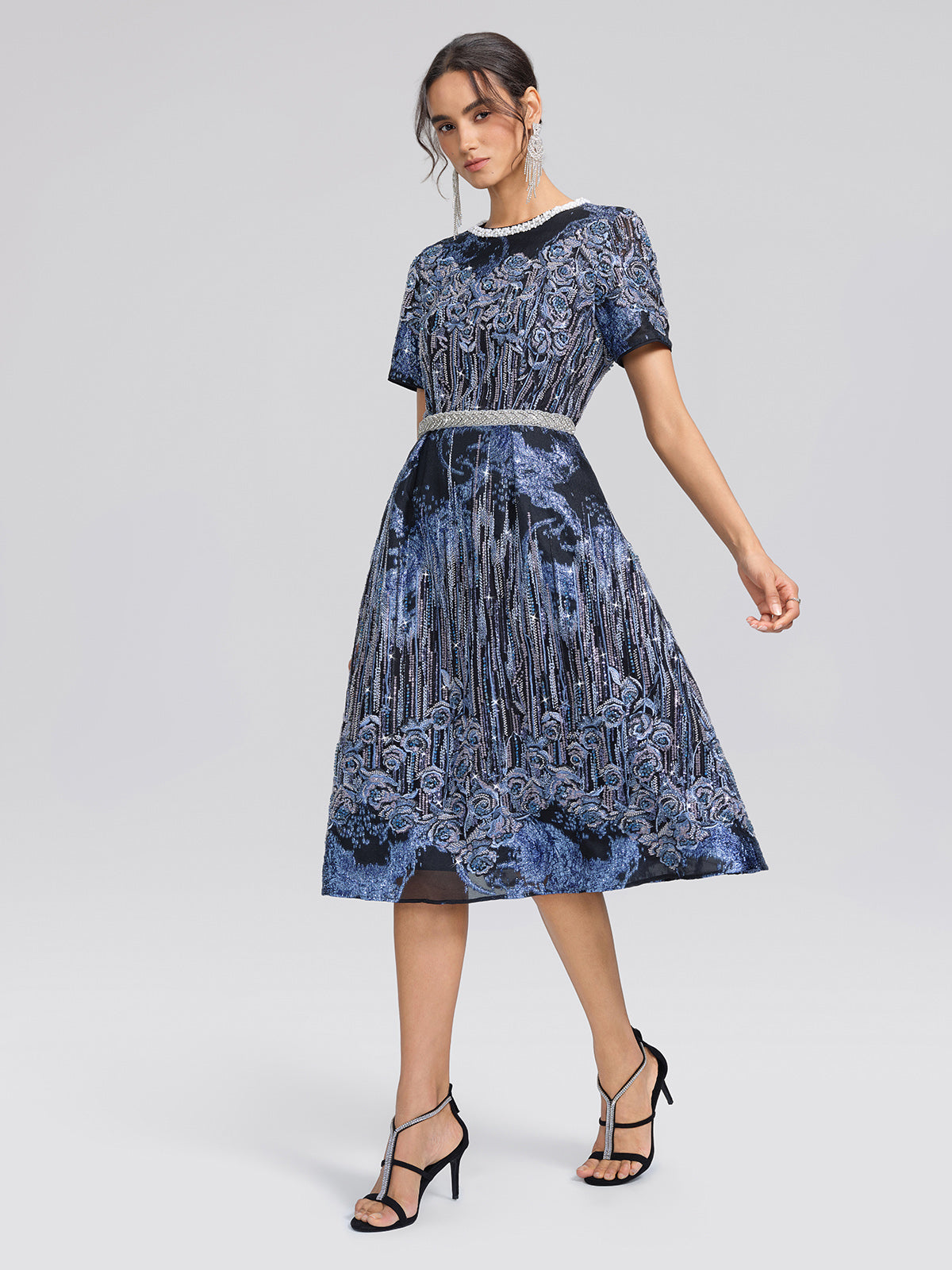 Jacquard Rose Embroidery Beaded Dress