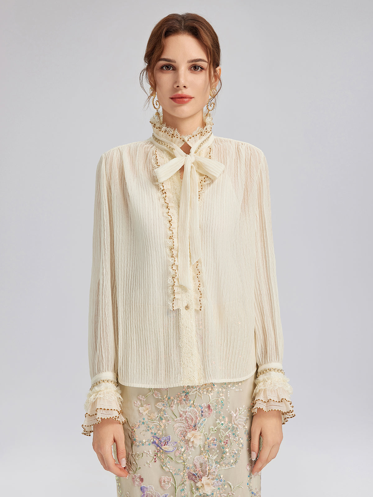 Pleated Lace-Ruffle Trim Bow-Tie Blouse