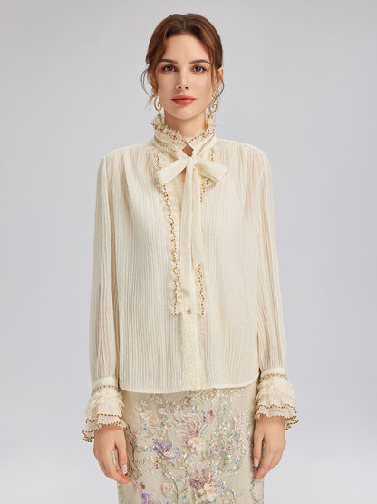 Pleated Lace-Ruffle Trim Bow-Tie Blouse